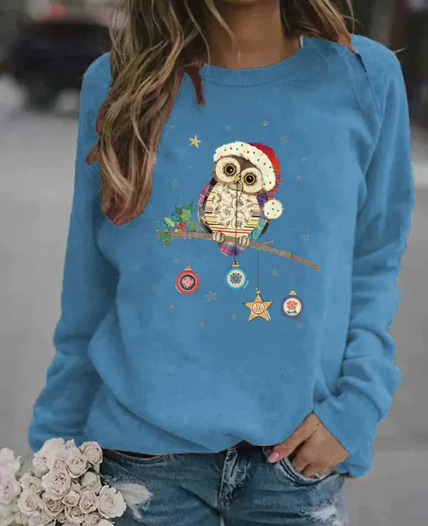 Drune | Sweatshirt - Relaxed Fit - Baumwollmischung - Rundhalsausschnitt - Festlicher Eulenprint
