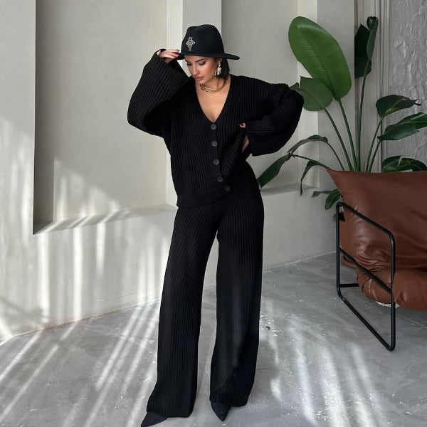 Drune | Loungewear Set Gestrickte Rippstruktur Übergröße Passform Weite Ärmel