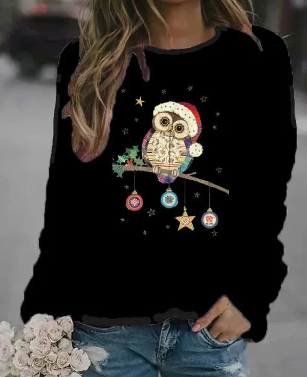 Drune | Sweatshirt - Relaxed Fit - Baumwollmischung - Rundhalsausschnitt - Festlicher Eulenprint