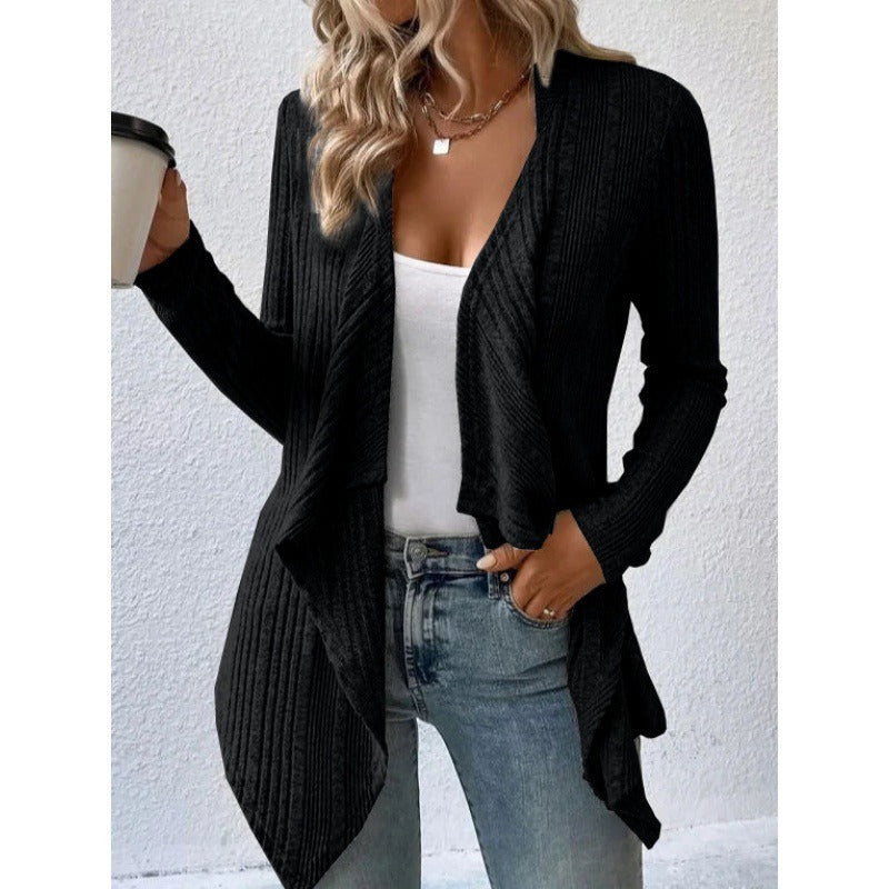Drune | Strickjacke Wollmischung Relaxed Passform Rippstrick Offene Drapierte Vorderseite