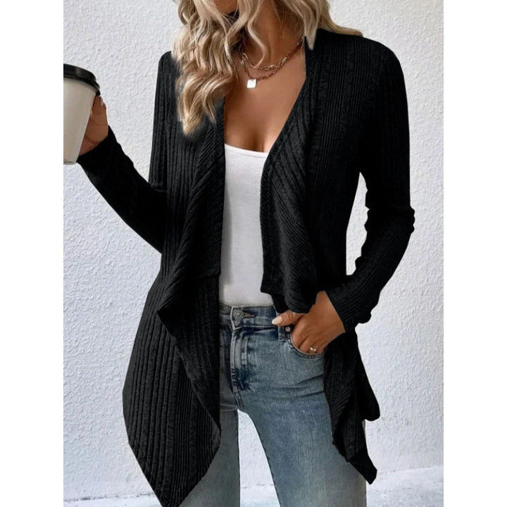 Drune | Strickjacke Wollmischung Relaxed Passform Rippstrick Offene Drapierte Vorderseite