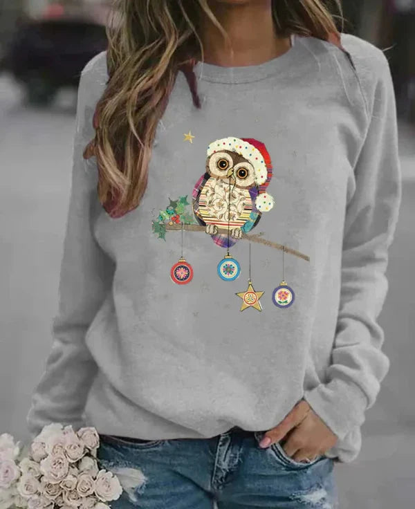 Drune | Sweatshirt - Relaxed Fit - Baumwollmischung - Rundhalsausschnitt - Festlicher Eulenprint