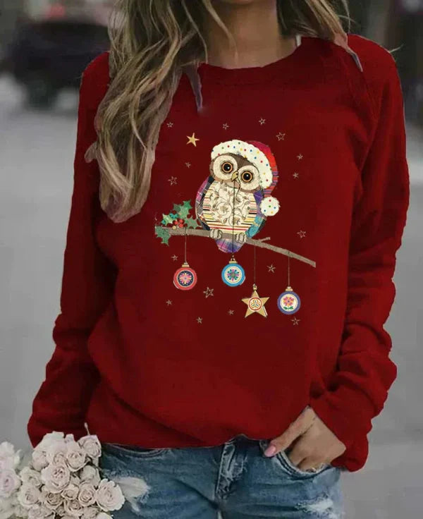 Drune | Sweatshirt - Relaxed Fit - Baumwollmischung - Rundhalsausschnitt - Festlicher Eulenprint