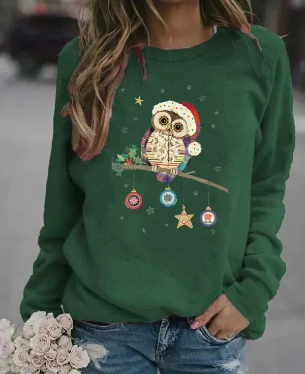Drune | Sweatshirt - Relaxed Fit - Baumwollmischung - Rundhalsausschnitt - Festlicher Eulenprint