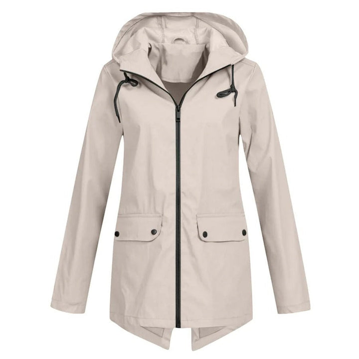 Drune | Regenjacke Lockere Passform Kapuze Wasserabweisend mittellang Reißverschluss und Taschen