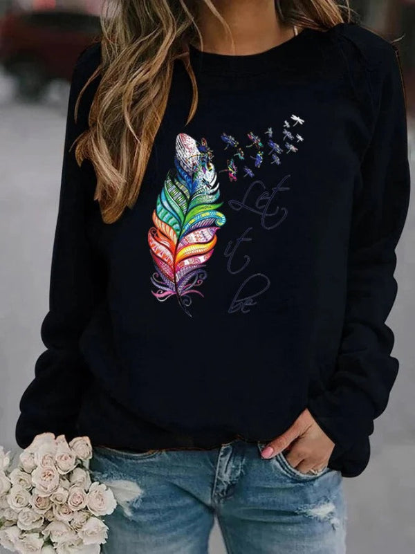 Drune | Pullover - Relaxed Fit - Baumwollgefühl - Feder Grafik - Langarm Freizeit