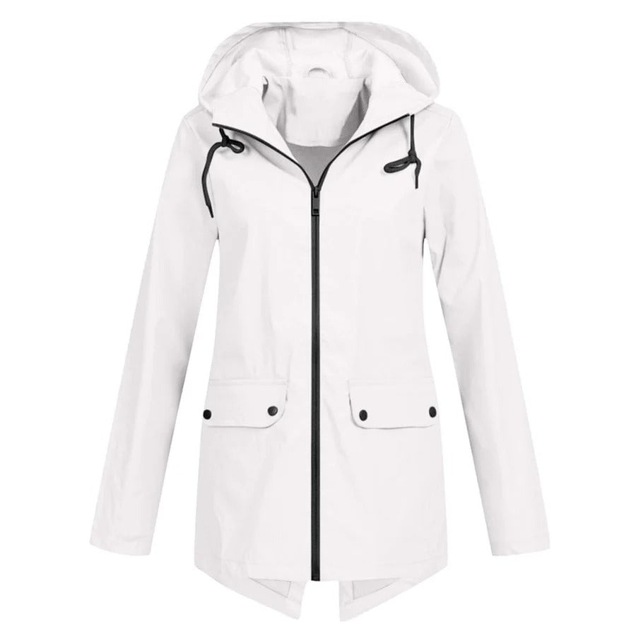 Drune | Regenjacke Lockere Passform Kapuze Wasserabweisend mittellang Reißverschluss und Taschen