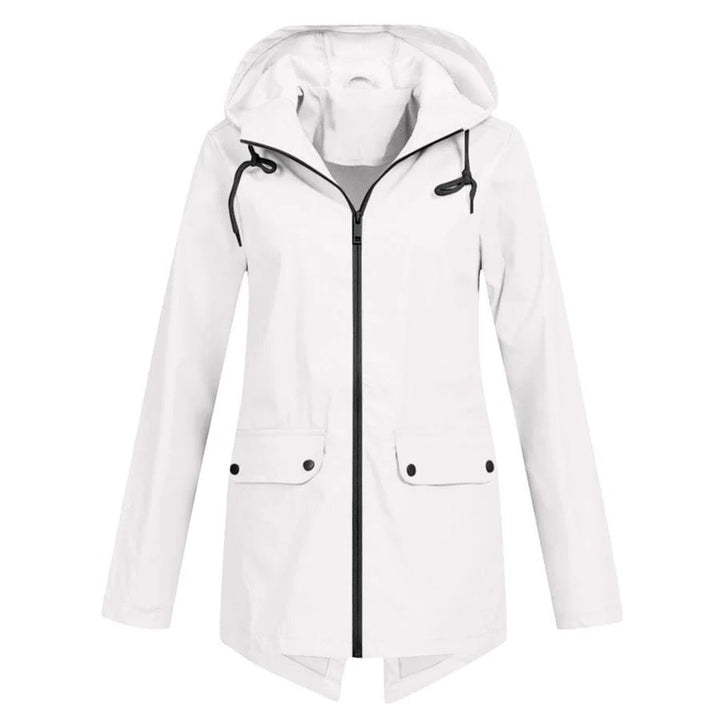 Drune | Regenjacke Lockere Passform Kapuze Wasserabweisend mittellang Reißverschluss und Taschen