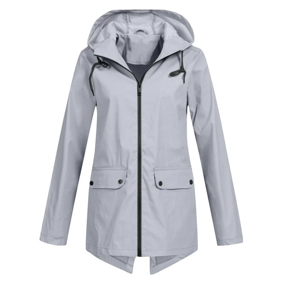 Drune | Regenjacke Lockere Passform Kapuze Wasserabweisend mittellang Reißverschluss und Taschen