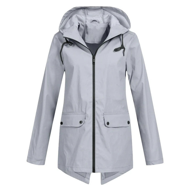 Drune | Regenjacke Lockere Passform Kapuze Wasserabweisend mittellang Reißverschluss und Taschen