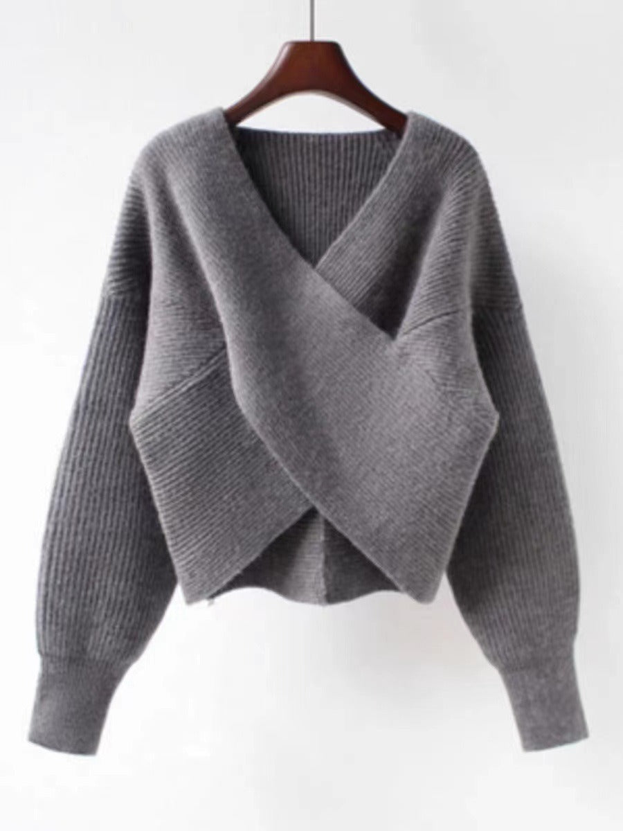 Drune | Übergröße Sweatshirt Strickrib Textur V-Ausschnitt Ballonärmel