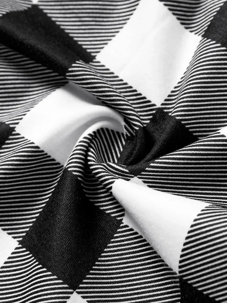 Drune | 2025 Weihnachts Crew Gemeinsam Erinnerungen Schaffen Textdruck Schwarzes Langarmshirt mit Schwarz-weissem Karohosen Familienpassende Pyjamas