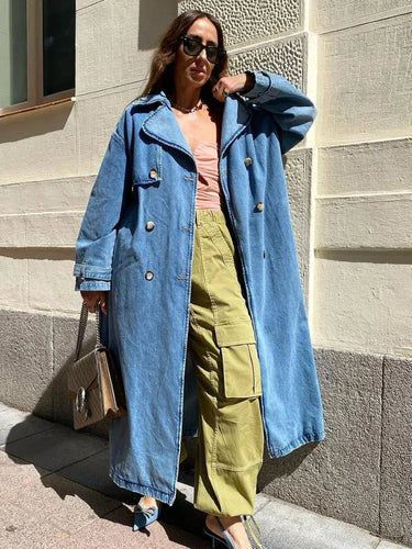 Drune | Trenchcoat - Oversized Fit - Denim-Look - Lange Länge - Mit Gürtel - Doppelreiher