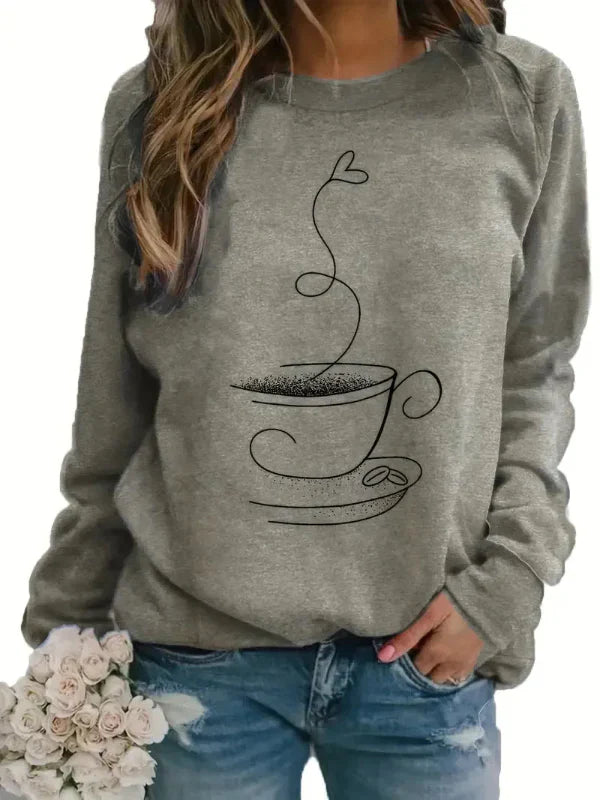 Drune | Sweatshirt - Relaxed Fit - Baumwollmix - Rundhalsausschnitt - Kaffeetassen-Grafikdruck