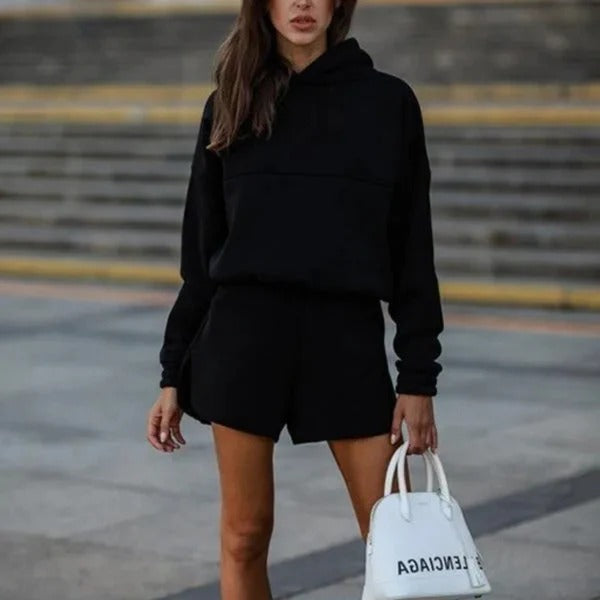 Drune | Loungewear Set Übergröße Kapuzenpullover und Shorts Weicher Strick Bequemer Schnitt