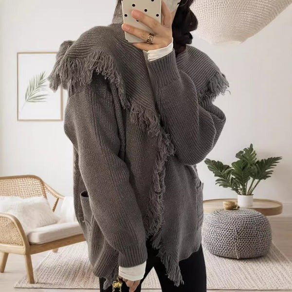 Drune | Strickjacke Gestricktes Material Übergröße Passform Fransen Kanten Offene Vorderseite