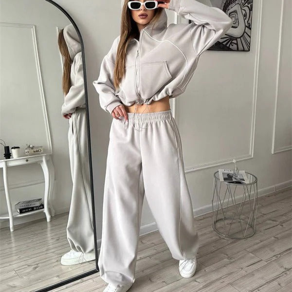Drune | Set mit Kapuzenpullover und Hose Übergröße Reißverschluss Weite Beine Baumwollgefühl