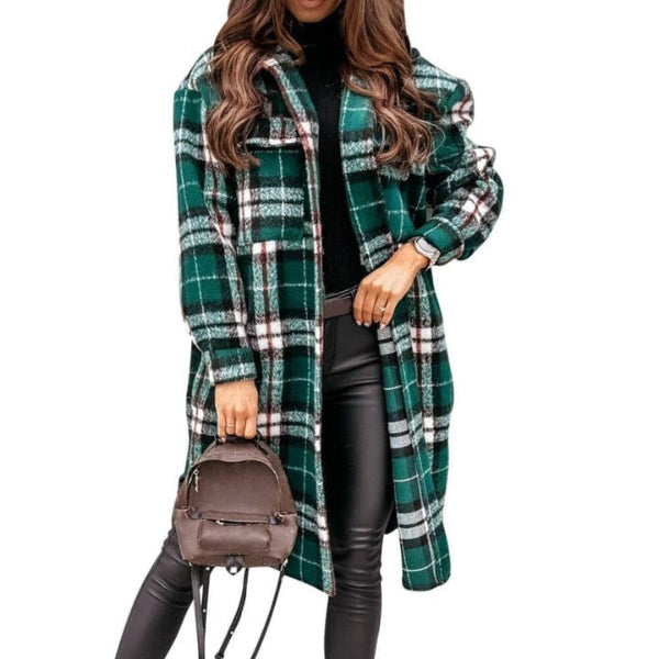 Drune | Damen Karo-Jacke – Wollmischung – Oversized-Passform – Knielänge – Knopfverschluss