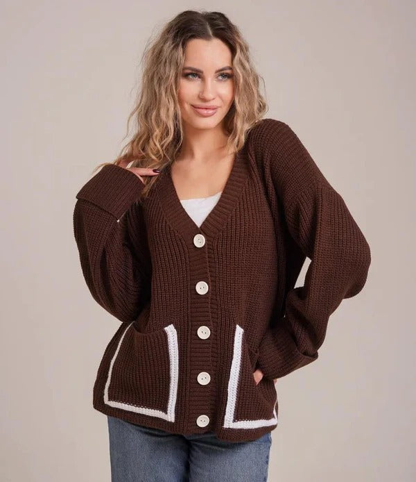 Drune | Strickjacke Gestrickt Lockere Passform Tiefes V-Ausschnitt Paspelierte Taschen
