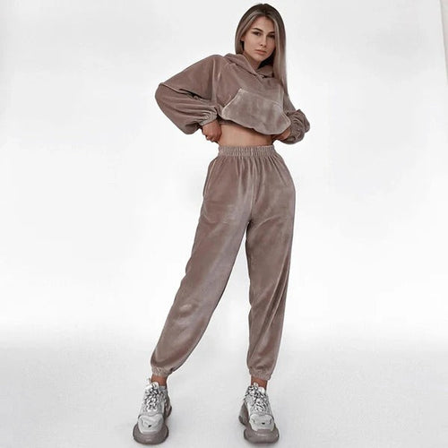 Drune | Loungewear Set Velours Cropped Kapuzenpullover Weite Hose Lockere Passform
