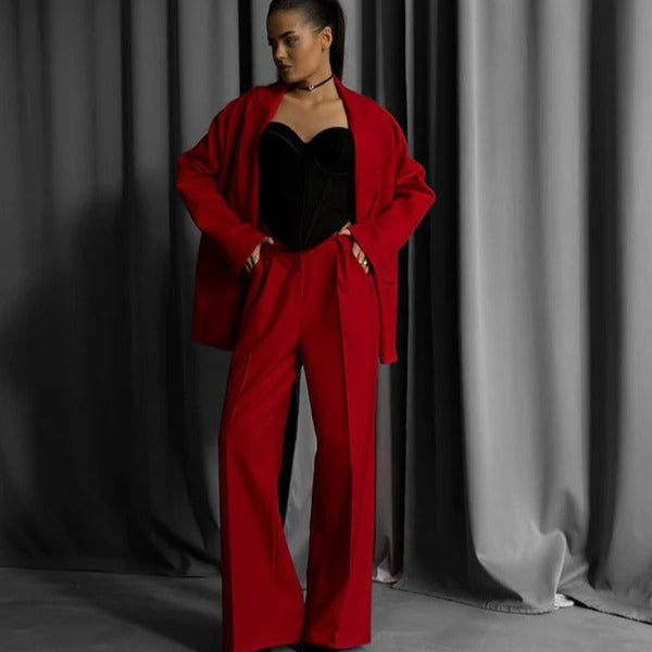 Drune | Blazer Set Übergröße Passform Weite Hosen Klassischer Schnitt Formeller Stil