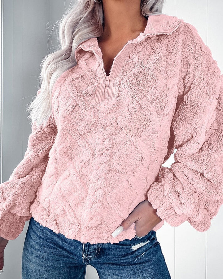 Drune | Sweater Faux Fur Entspannt Passform Gesteppt Textur Halber Reißverschluss