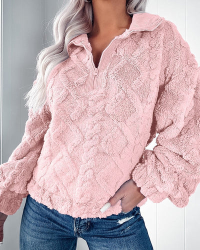 Drune | Sweater Faux Fur Entspannt Passform Gesteppt Textur Halber Reißverschluss