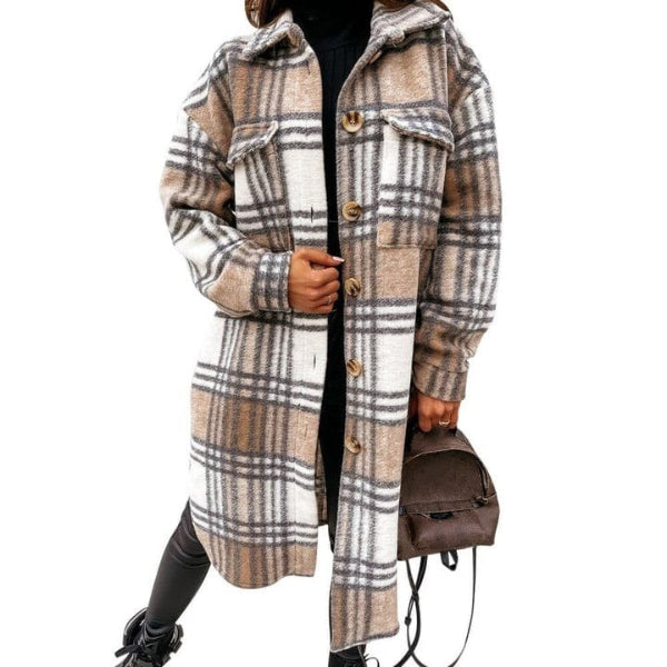 Drune | Damen Karo-Jacke – Wollmischung – Oversized-Passform – Knielänge – Knopfverschluss
