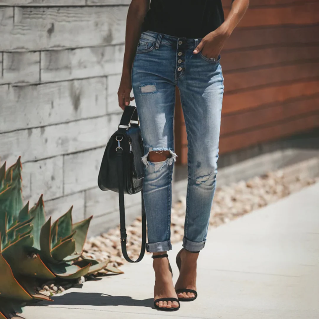 Drune | Slim Fit Zerrissene Jeans Aufgeschlagenes Ende Knöchellänge