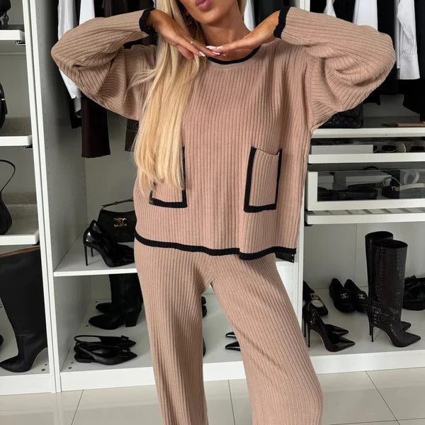 Drune | Loungewear-Set Geripptes Strick Loose-Fit Kontrastdetails Vollständig Länge