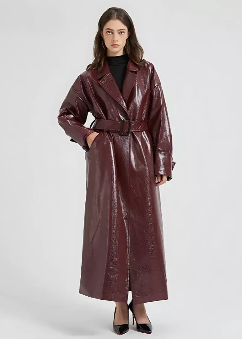 Drune | Trenchcoat - Glänzendes Veganes Leder - Slim Fit - Vollständig Länglich - Mit Gürtel in der Taille
