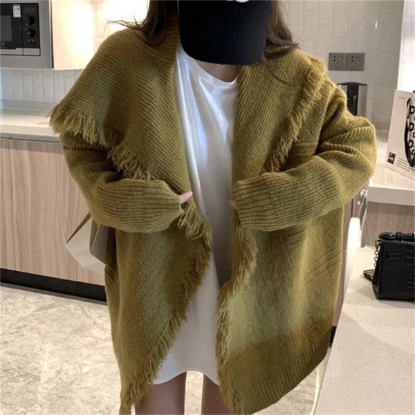 Drune | Strickjacke Gestricktes Material Übergröße Passform Fransen Kanten Offene Vorderseite