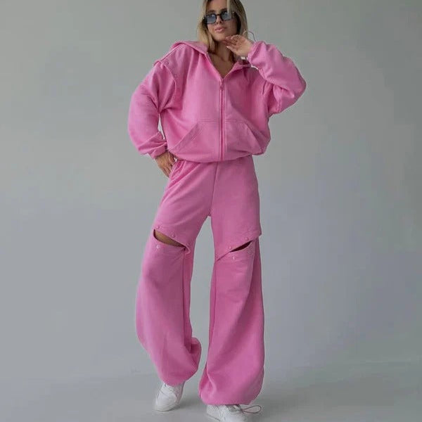 Drune | Loungewear Set Lässige Passform Zip-Up Kapuzenpullover Weit Geschnittene Hose