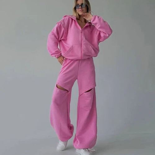 Drune | Loungewear Set Lässige Passform Zip-Up Kapuzenpullover Weit Geschnittene Hose