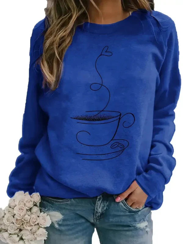 Drune | Sweatshirt - Relaxed Fit - Baumwollmix - Rundhalsausschnitt - Kaffeetassen-Grafikdruck