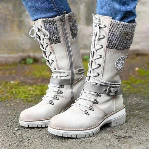 Drune | Kniehohe Stiefel - Schnürfront - Wollbund - Seitenreißverschluss - Schnallenriemen