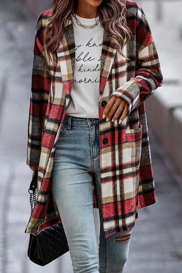 Drune | Damen Wollmantel – Oversized Fit – Karomuster – Reverskragen – Mittlere Oberschenkellänge
