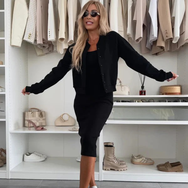 Drune | Strickset Schmale Passform Strickjacke mit Knöpfen Ärmelloses Bodycon Kleid