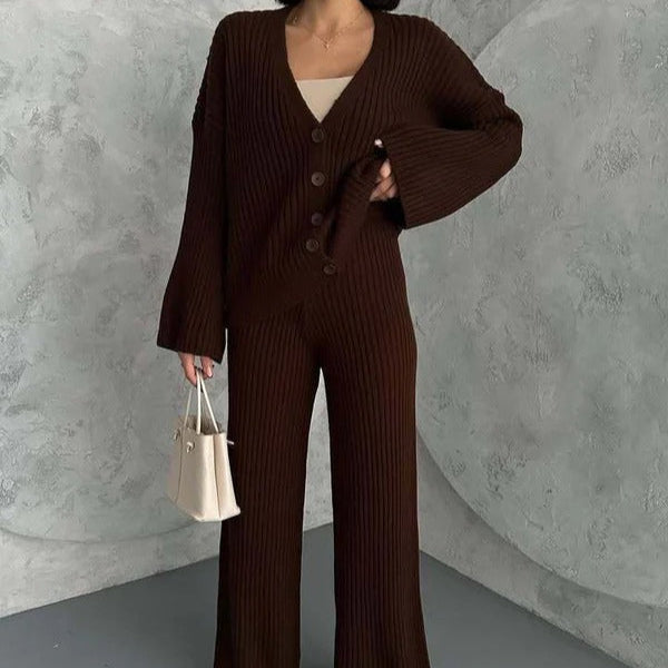 Drune | Loungewear Set Gestrickte Rippstruktur Übergröße Passform Weite Ärmel