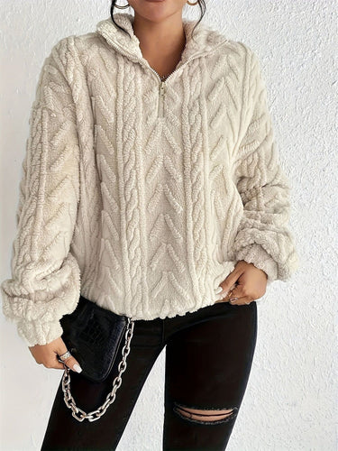 Drune | Pullover Top - Faux Shearling Fleece - Lockere Passform - Halb Reißverschluss Kabelstrick