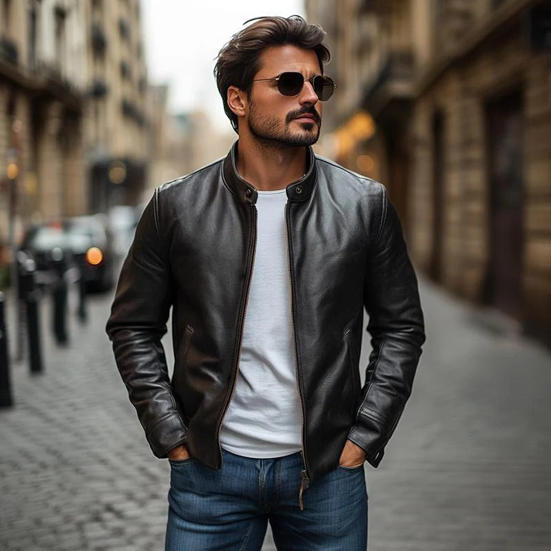 Drune | Lederjacke Slim Fit Stehkragen Reißverschluss Minimalistisches Design