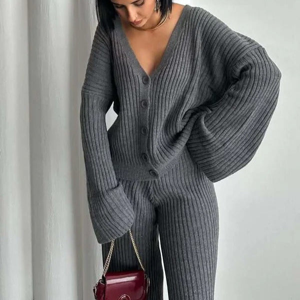 Drune | Loungewear Set Gestrickte Rippstruktur Übergröße Passform Weite Ärmel