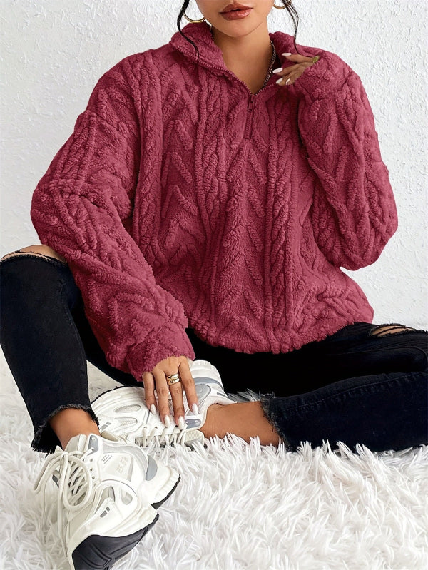 Drune | Pullover Top - Faux Shearling Fleece - Lockere Passform - Halb Reißverschluss Kabelstrick
