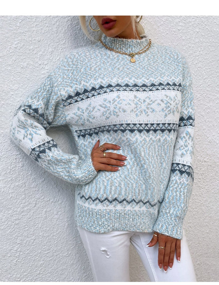 Drune | Pullover Wollstrick Lässige Passform Schneeflockenmuster Hoher Kragen