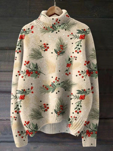 Drune | Rollkragenpullover - Wollstrick - Lockere Passform - Botanischer Festdruck - Geripptes Finish