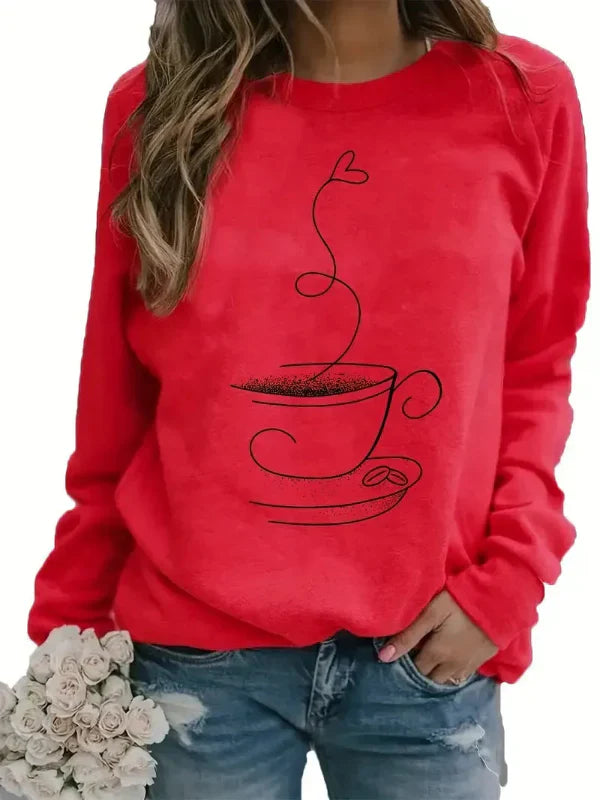Drune | Sweatshirt - Relaxed Fit - Baumwollmix - Rundhalsausschnitt - Kaffeetassen-Grafikdruck