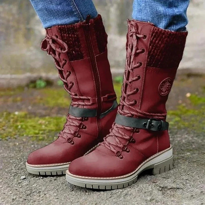 Drune | Kniehohe Stiefel - Schnürfront - Wollbund - Seitenreißverschluss - Schnallenriemen