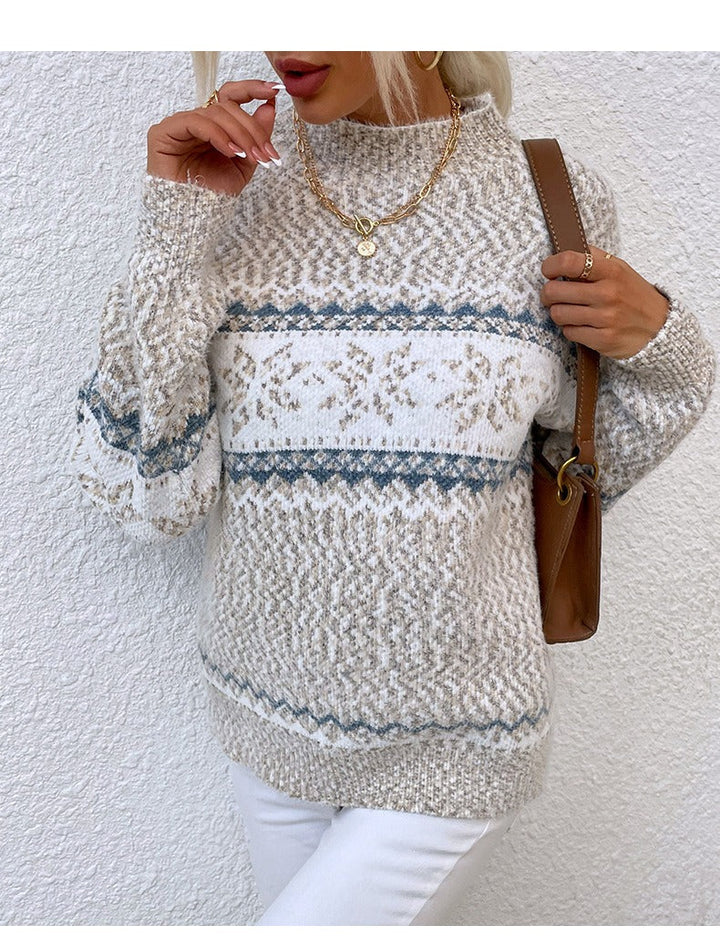 Drune | Pullover Wollstrick Lässige Passform Schneeflockenmuster Hoher Kragen