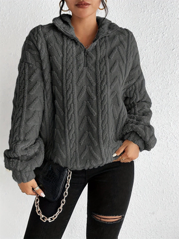 Drune | Pullover Top - Faux Shearling Fleece - Lockere Passform - Halb Reißverschluss Kabelstrick