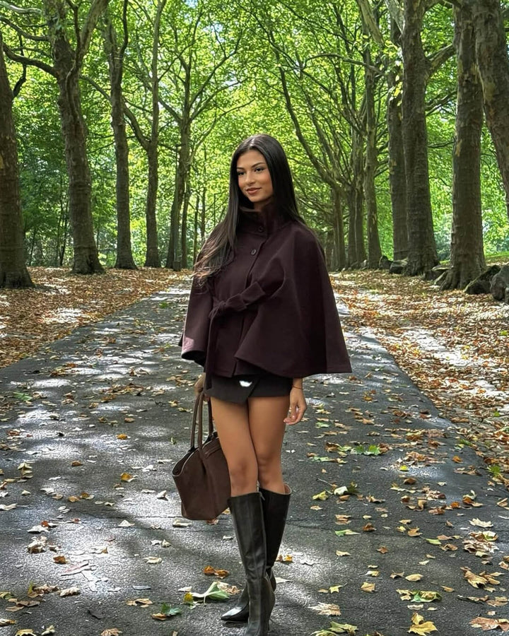 Drune | Hochkragen Gürteltaschen Cape Jacke Knopf Umhängemantel